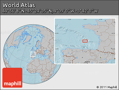 Gray Location Map of the Area around 45° 10' 22" N, 4° 10' 30" W, hill shading