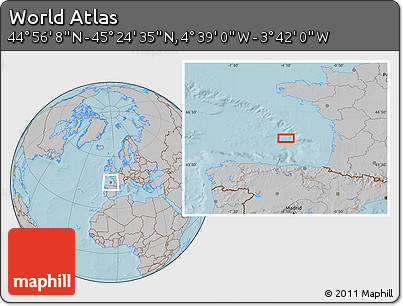 Gray Location Map of the Area around 45° 10' 22" N, 4° 10' 30" W, hill shading