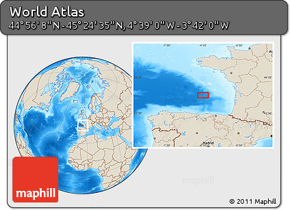 Shaded Relief Location Map of the Area around 45° 10' 22" N, 4° 10' 30" W
