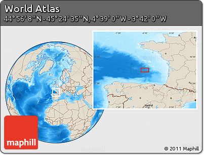 Shaded Relief Location Map of the Area around 45° 10' 22" N, 4° 10' 30" W