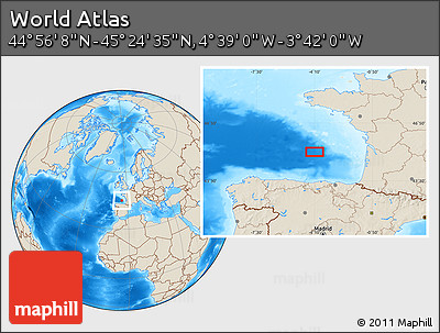 Shaded Relief Location Map of the Area around 45° 10' 22" N, 4° 10' 30" W