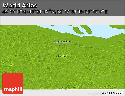 Physical 3D Map of the Area around 45° 10' 22" N, 52° 46' 29" E