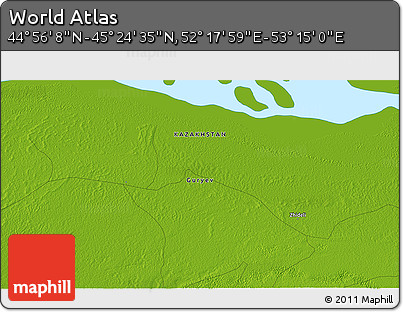 Physical 3D Map of the Area around 45° 10' 22" N, 52° 46' 29" E