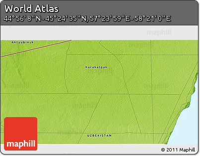 Physical 3D Map of the Area around 45° 10' 22" N, 57° 52' 30" E