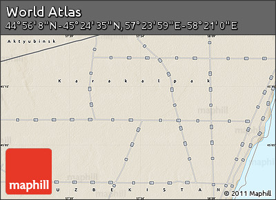 Shaded Relief Map of the Area around 45° 10' 22" N, 57° 52' 30" E