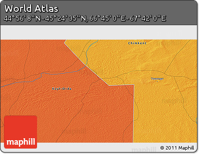 Political 3D Map of the Area around 45° 10' 22" N, 67° 13' 29" E