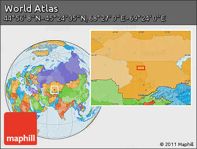 Political Location Map of the Area around 45° 10' 22" N, 68° 55' 30" E