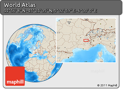 Shaded Relief Location Map of the Area around 45° 10' 22" N, 6° 1' 30" E