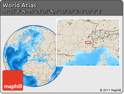 Shaded Relief Location Map of the Area around 45° 10' 22" N, 6° 1' 30" E