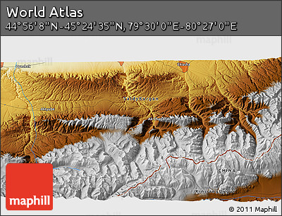 Physical 3D Map of the Area around 45° 10' 22" N, 79° 58' 29" E