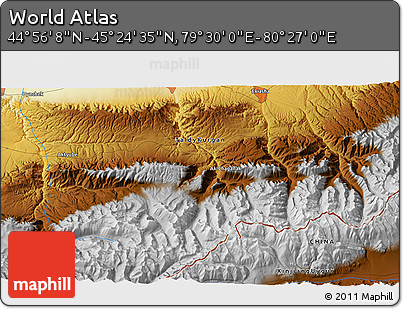 Physical 3D Map of the Area around 45° 10' 22" N, 79° 58' 29" E