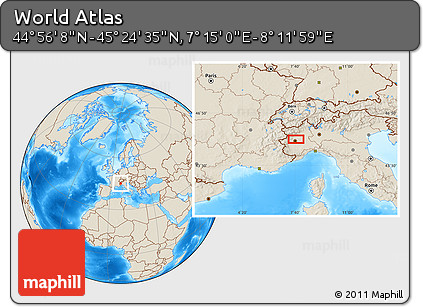 Shaded Relief Location Map of the Area around 45° 10' 22" N, 7° 43' 29" E
