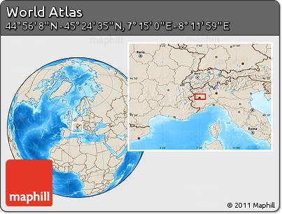 Shaded Relief Location Map of the Area around 45° 10' 22" N, 7° 43' 29" E