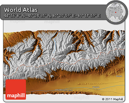 Physical 3D Map of the Area around 45° 10' 22" N, 80° 49' 29" E