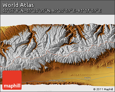 Physical 3D Map of the Area around 45° 10' 22" N, 80° 49' 29" E