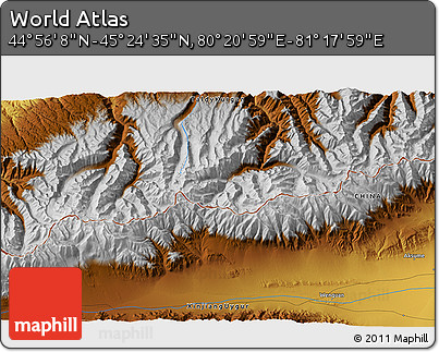 Physical 3D Map of the Area around 45° 10' 22" N, 80° 49' 29" E