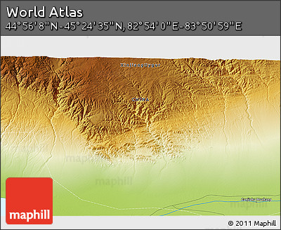 Physical 3D Map of the Area around 45° 10' 22" N, 83° 22' 30" E
