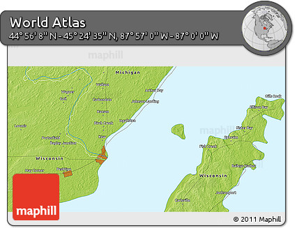 Physical 3D Map of the Area around 45° 10' 22" N, 87° 28' 29" W