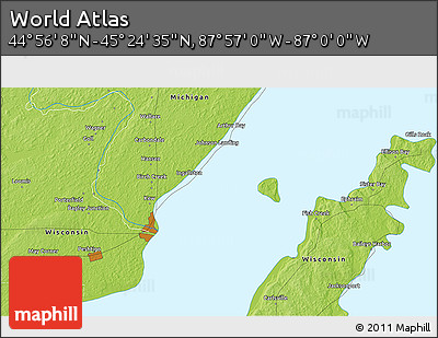 Physical 3D Map of the Area around 45° 10' 22" N, 87° 28' 29" W