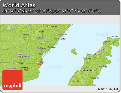 Physical 3D Map of the Area around 45° 10' 22" N, 87° 28' 29" W