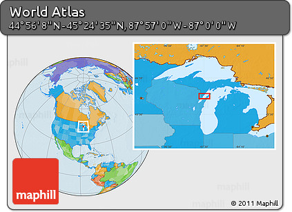 Political Location Map of the Area around 45° 10' 22" N, 87° 28' 29" W