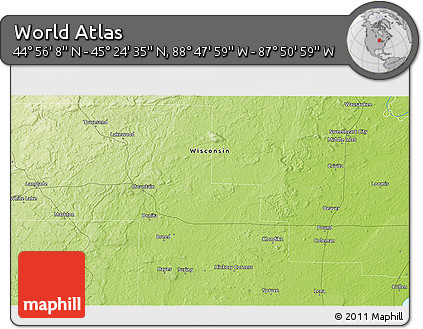 Physical 3D Map of the Area around 45° 10' 22" N, 88° 19' 29" W