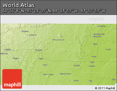 Physical 3D Map of the Area around 45° 10' 22" N, 88° 19' 29" W