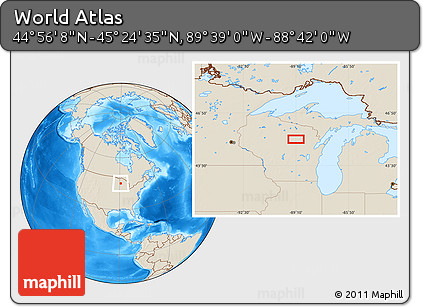 Shaded Relief Location Map of the Area around 45° 10' 22" N, 89° 10' 30" W