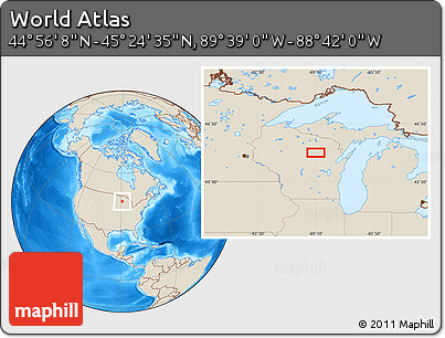 Shaded Relief Location Map of the Area around 45° 10' 22" N, 89° 10' 30" W