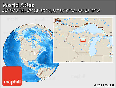 Shaded Relief Location Map of the Area around 45° 10' 22" N, 89° 10' 30" W