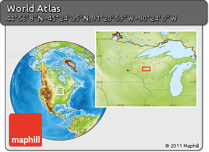Physical Location Map of the Area around 45° 10' 22" N, 90° 52' 30" W