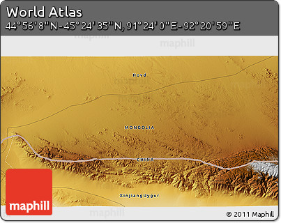 Physical 3D Map of the Area around 45° 10' 22" N, 91° 52' 30" E