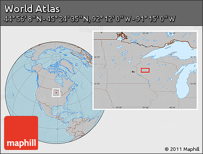 Gray Location Map of the Area around 45° 10' 22" N, 91° 43' 29" W, hill shading