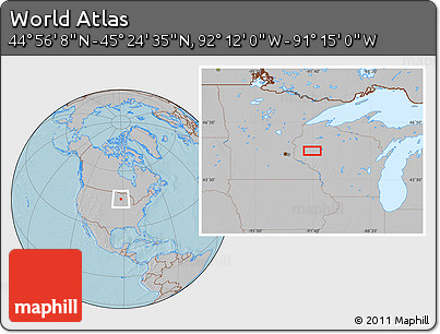 Gray Location Map of the Area around 45° 10' 22" N, 91° 43' 29" W, hill shading