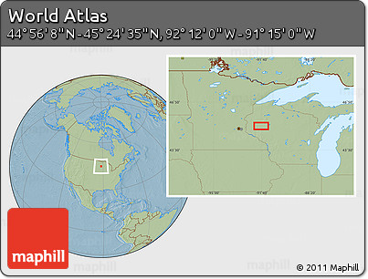 Savanna Style Location Map of the Area around 45° 10' 22" N, 91° 43' 29" W, hill shading