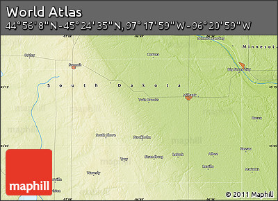 Physical Map of the Area around 45° 10' 22" N, 96° 49' 29" W