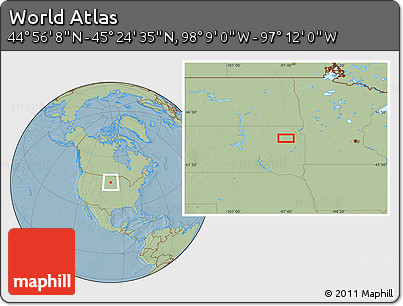 Savanna Style Location Map of the Area around 45° 10' 22" N, 97° 40' 30" W, hill shading
