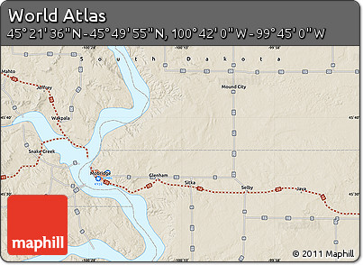 Shaded Relief Map of the Area around 45° 35' 46" N, 100° 13' 29" W