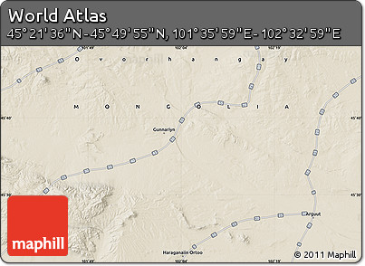 Shaded Relief Map of the Area around 45° 35' 46" N, 102° 4' 29" E