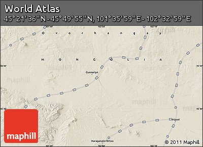 Shaded Relief Map of the Area around 45° 35' 46" N, 102° 4' 29" E