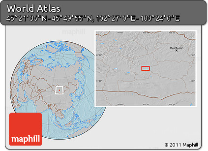 Gray Location Map of the Area around 45° 35' 46" N, 102° 55' 30" E, hill shading