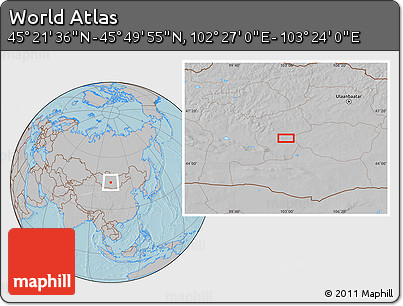 Gray Location Map of the Area around 45° 35' 46" N, 102° 55' 30" E, hill shading