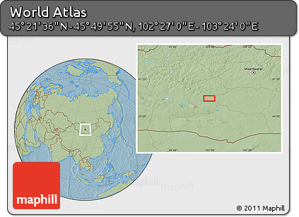 Savanna Style Location Map of the Area around 45° 35' 46" N, 102° 55' 30" E, hill shading