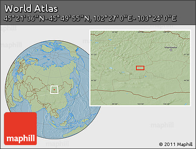 Savanna Style Location Map of the Area around 45° 35' 46" N, 102° 55' 30" E, hill shading