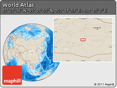 Shaded Relief Location Map of the Area around 45° 35' 46" N, 103° 46' 30" E