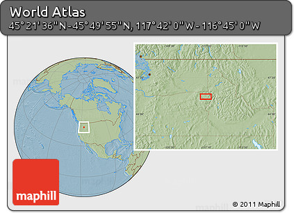 Savanna Style Location Map of the Area around 45° 35' 46" N, 117° 13' 29" W, hill shading