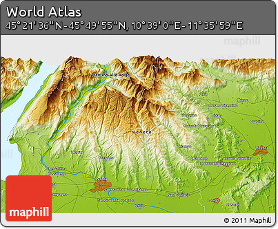 Physical 3D Map of the Area around 45° 35' 46" N, 11° 7' 30" E