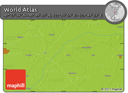 Physical Map of the Area around 45° 35' 46" N, 123° 19' 29" E