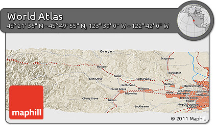 Shaded Relief Panoramic Map of the Area around 45° 35' 46" N, 123° 10' 30" W