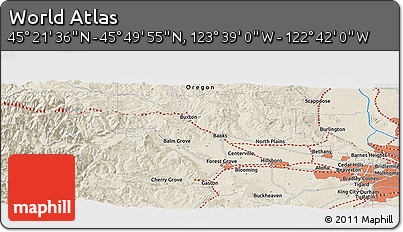 Shaded Relief Panoramic Map of the Area around 45° 35' 46" N, 123° 10' 30" W